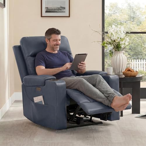 Watson & Whitely Genuine Leather Power Recliner Chair, Wall Hugger Electric Reclining Chair with Cup Holders & Charging Ports for Living Room, Navy Blue