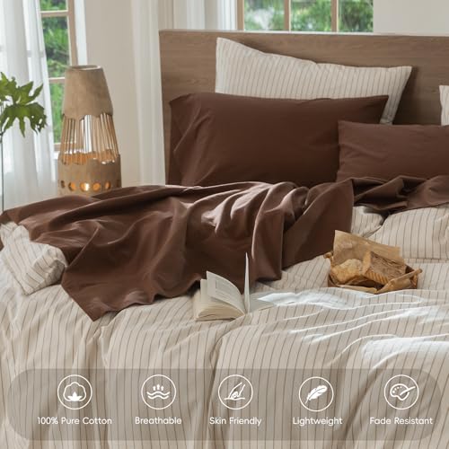 MooMee Bedding Sheet Set 100% Cotton Linen Like Textured Breathable Durable Soft Comfy (Solid Cocoa Brown, Queen) MooMee