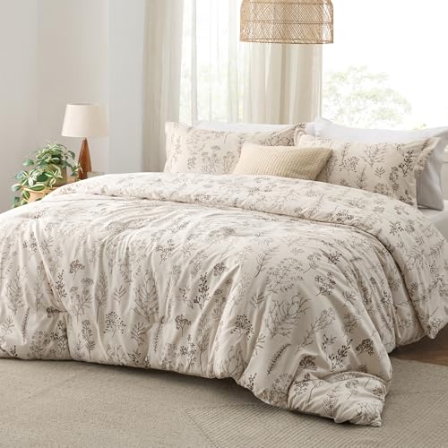 Bedsure Queen Comforter Set - Beige Bed Set, 3 Pieces Cute Floral Bedding, 1 Soft Botanical Flowers Comforter and 2 Pillow Shams Bedsure