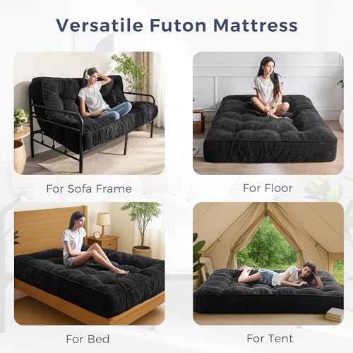 MAXYOYO 8" Futon Mattress Queen Size, Ultra Thick Futons Sofa Couch Bed Tufted Sleeper Sofa Bed, Floor Mattress for Adults, Shredded Foam Filling (Frame Not Included), Black MAXYOYO