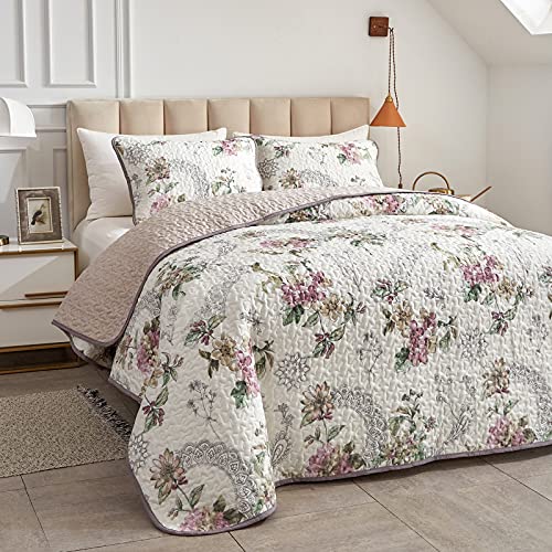 Flysheep 2 Pieces Quilt Set Twin Size, Beige Floral Reversible Bedspread Coverlet Set, Soft Microfiber Lightweight Bed Cover for Kids (68" x 86", 1 Quilt+ 1 Pillow Sham) Flysheep