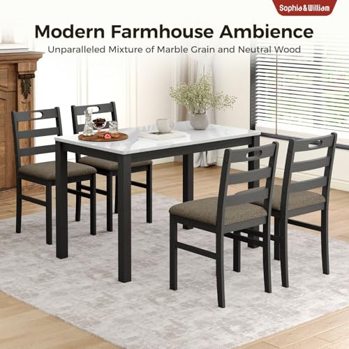 Sophia & William 5 Piece Dining Table Set for 4, Faux Marble Kitchen Table and Chairs Set, Solid Wood Farmhouse Dinner Table Set,Venatino White Marble & Black Sophia & William