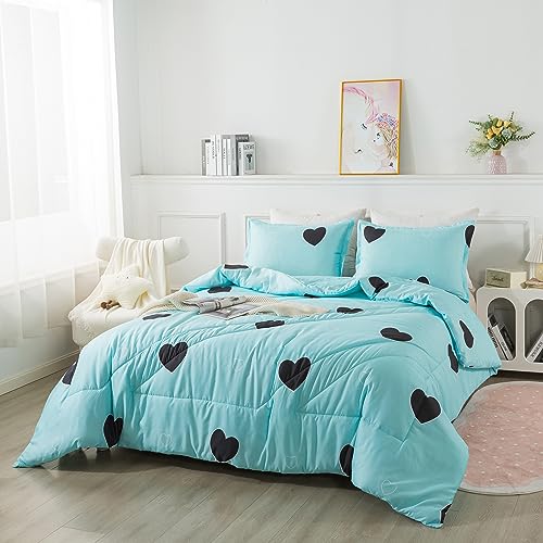 Caressma Love Pattern Girls Comforter Set Full Size, Sky Blue Cute Love Heart Print Comforter Bedding Set for All Seasons, Geometric Soft Microfiber 3 Pieces Comforter Set with Pillowcases Caressma
