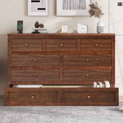 Bellemave Queen Murphy Bed with Storage Drawer and Charging Station, Cabinet Bed, Farmhouse Murphy Cabinet with Foldable Panel, Noisy Free, for Guest Bedroom, Living Room, Walnut+Walnut Panel