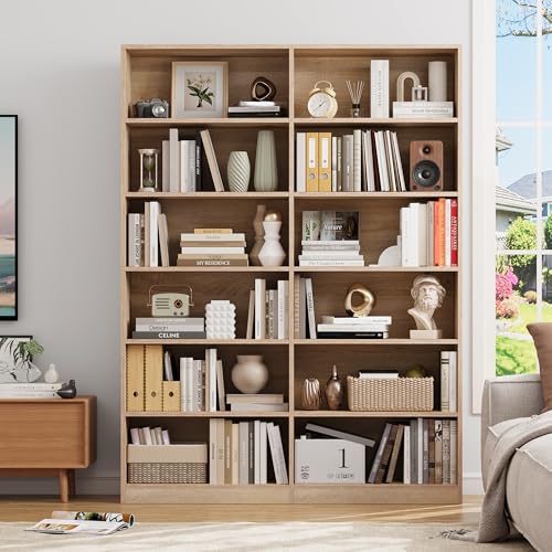 FACBOTALL 6-Tier Light Oak Double Wide Bookshelf - Stylish Freestanding Storage for Home Decor FACBOTALL