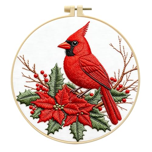 Zhenqing Red Bird Embroidery Kit for Beginners, Pre-Printed 29x29cm Cotton Fabric with 20cm Hoop, Vibrant Holly and Berries Winter Design (C0202)