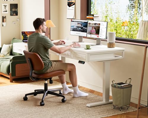 OffiGo L Shaped Electric Standing Desk with Wooden Drawers, 55 Inch Height Adjustable Corner Workstation with Power Outlets, Sit Stand Table for Home, Office, White OffiGo