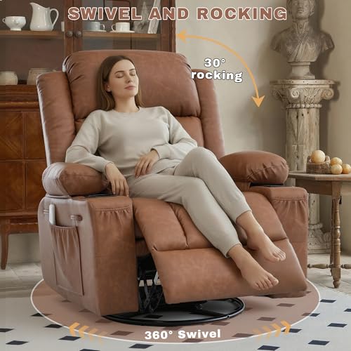GAOHAPY Rocker Recliner Chair with Heat and Massage,360°Swivel Nursery Recliner Chair for Adults,Oversized Recliner Single Sofa Seat with 2 Cup Holders and Side Pocket (Brown)