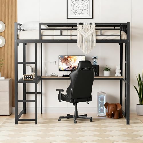 KMBOHE Full Size Loft Bed with Desk and Shelves, Metal Loft Bed with Ladder and Guardrails, Loft Bed Frame for Bedroom, Black KMBOHE