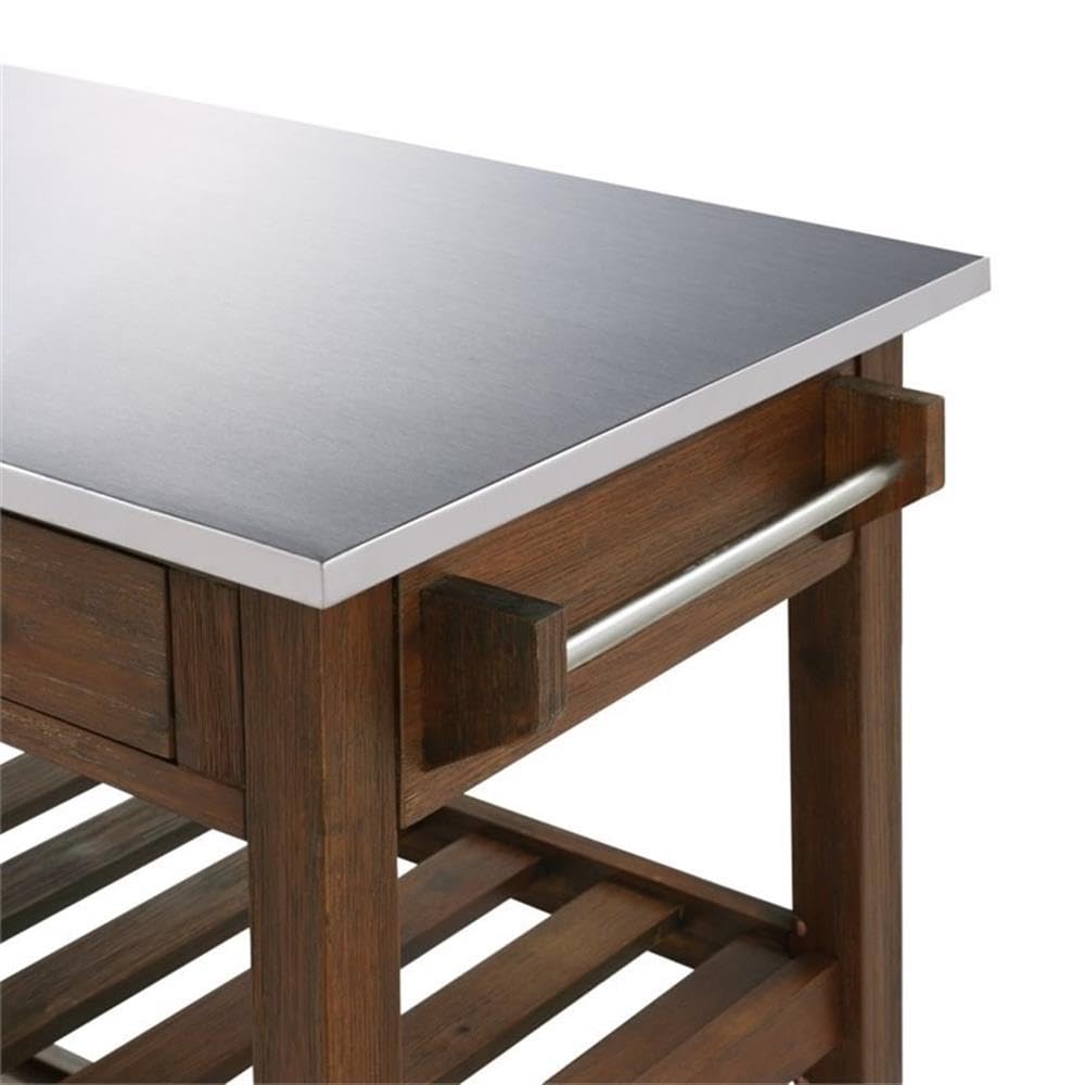 BOWERY HILL Modern Wood/Stainless Steel Kitchen Cart in Chestnut Wire-Brush BOWERY HILL