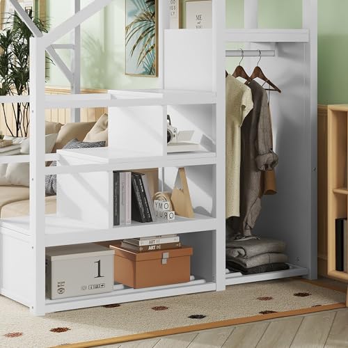 KEIKI Queen Size Metal Loft Bed Frame with Convertible Staircase, Built-in Storage Shelves & Wardrobe, Loft Bed with Solid Slats & Guardrail, No Box Spring Required, Easy Assembly, for Bedroom, White KEIKI