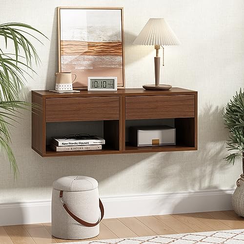 JAXPETY Nightstands Set of 2, Night Stand with Drawer, Floating Nightstand with Open Storage Shelf, Wall Mounted Wood Bedside Tables, End Table, Side Table, for Bedroom, Brown Walnut JAXPETY