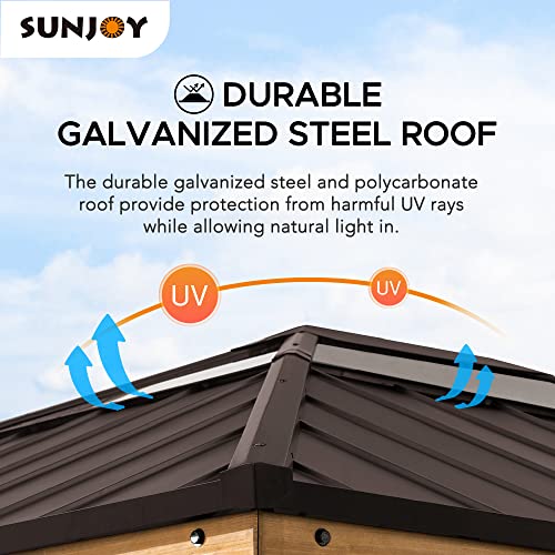Sunjoy Hardtop Gazebo 11 x 13 ft. Standard Cedar Framed Wood Gazebos with Brown Steel and Polycarbonate Hip Roof for Garden, Backyard Shade, Brown Roof + Natural Wood Frame Sunjoy