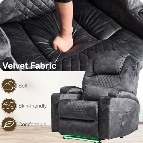 IBTKIG Power Recliner Chair with Massage and Heat, Electric Recliners with LED Lights/Lumbar Pillow/Cup Holders/Side Pocket/USB Port, Home Theater Seating for Living Room(1, Velvet Gray)