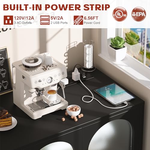 Aheaplus Sideboard Buffet Cabinet with Power Outlet, Kitchen Sideboard Storage Cabinet with LED Light, 4 Doors, Modern Accent Cabinet Coffee Bar Cabinet Console Table for Kitchen Dining Room, Black Aheaplus