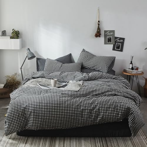 mixinni Black Gingham Comforter Set King, Plaid Comforter Set 3 Pieces 1 Black Grid Comfoter with 2 Pillow Cases for All Seasons, Soft Fluffy Modern Grid Pattern Printed Bedding-King Size mixinni
