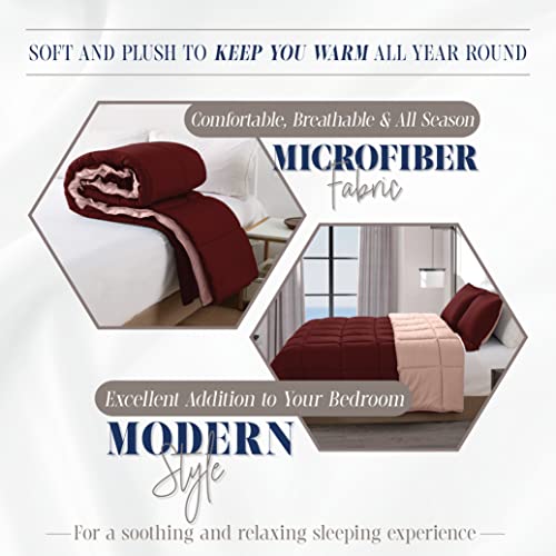 Elegant Comfort 3-Piece Reversible Comforter Set, All Season Cozy, Soft Down Alternative, Quilted - Box Stitched - Duvet Insert with 4 Corner Tabs, Comforter with Shams, Twin XL, Burgundy/Dusty Rose Elegant Comfort