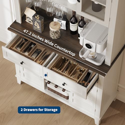 GarveeHome 72 in Tall Kitchen Pantry Cabinet, Kitchen Hutch Bar Cabinet with Microwave Stand, Cupboard with Drawers Glass Doors for Dining Room, White (Antique White, 40" Wide) GarveeHome