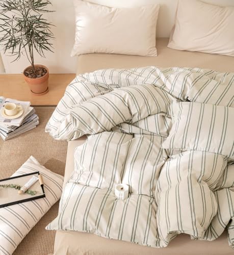 VM VOUGEMARKET Full Duvet Cover Set Beige Gray Striped Bedding Set Soft Washed Cotton 3 Pieces Dark Green Vertical Ticking Stripes Comforter Cover with Zipper Closure-80x90 Inch VM VOUGEMARKET
