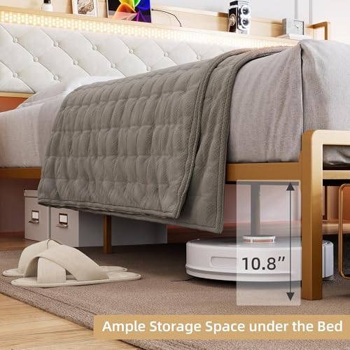 GarveeHome King Bed Frame with 2 Storage Drawers, LED Bed Frame with 2-Tier Storage Headboard&Charging Station, Metal Platform Bed Frame, No Box Spring Needed, Noise Free, White GarveeHome