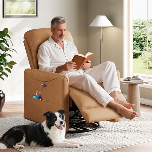Welzona Power Swivel Rocker Recliner, 360° Swivel Nursery Rocking Chair, PU Leather Glider Rocking Recliner, Infinite Position Electric Chair for Adults with USB Port for Living Room, Brown
