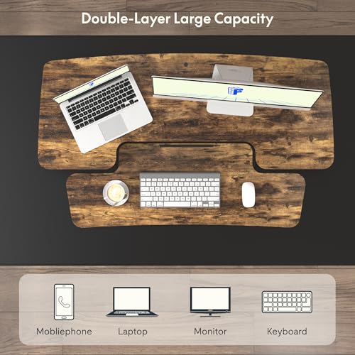 FLXISPOT 40in Standing Desk Converter, Height Adjustable Riser, Manual Lift with Gas Spring Monitor and Laptop Workstation, Rustic Color FLEXISPOT