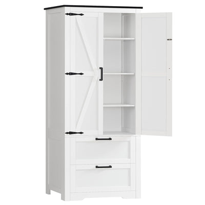 TEENFON 66.2" H Storage Cabinet with 2 Drawers, Farmhouse Kitchen Pantry Cabinet with 2 Doors & Adjustable Shelf, Bathroom Cabinet, for Living Room, Kitchen, Bathroom, White