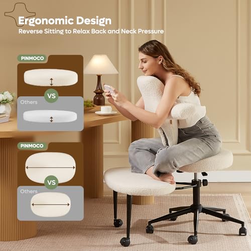 Pinmoco Ergonomic Cross Legged Office Chair Extra Wide for ADHD and Meditation, Kneeling Chair with 360° Swivel Wheels and Reversible Seating, Adjustable Height and Seat Deapth, Teddy Fabric, White Pinmoco