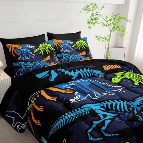Smell Sunshine 7pcs Comforter Set Dinosaur Theme Printed Bedding Set with 1 Comforter, 1 Flat Sheet, 1 Fitted Sheet and 4 Pillowcases for Boys and Girls Bedroom (Dinosaur King Smell Sunshine