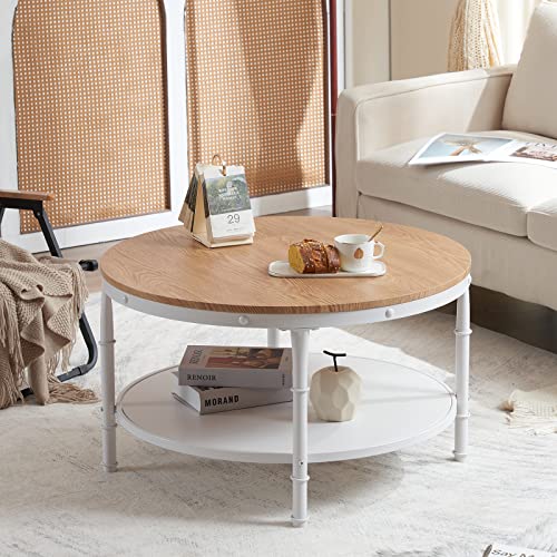 VINGLI 31.5" Natural White Round Farmhouse Coffee Table, 2-Tier Storage Wood Center Circle Accent Table for Living Room, Bedroom, Apartment, Studio and Small Spaces, Sturdy Metal Frame, Natural Color VINGLI