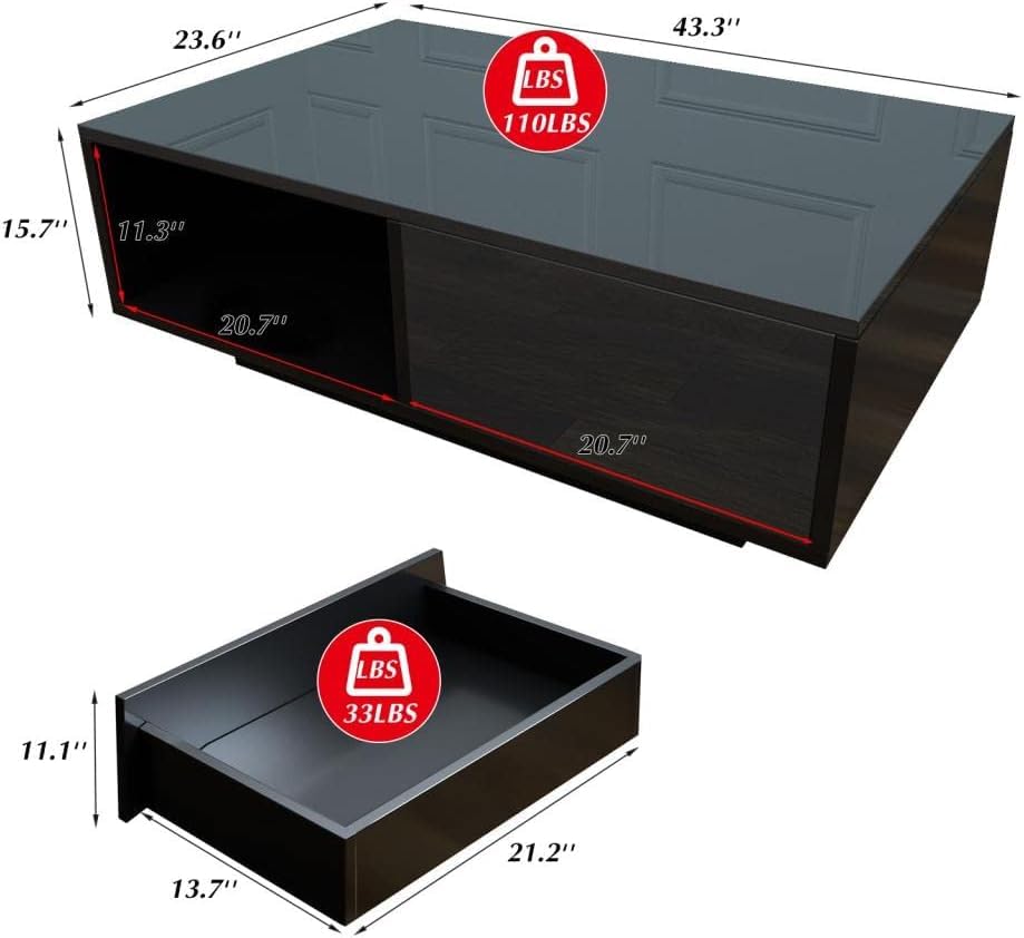 COSVALVE High Gloss LED Coffee Table with Drawer & 16 Colors LED Lights, Modern Living Room Coffee Table with Storage Space, Rectangle Sofa Side Central Table, Black (AA Battery) COSVALVE