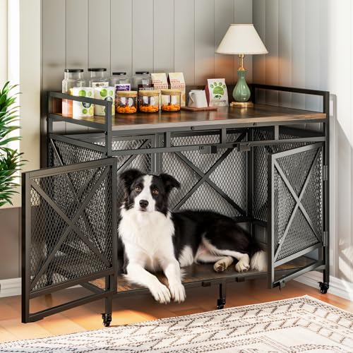 48 Inch Extra Large Furniture Dog Crate | COZPAW Heavy Duty Wooden Indoor Dog Kennel with Caster Wheels | Decorative Pet House End Table | Caramel Brown COZPAW