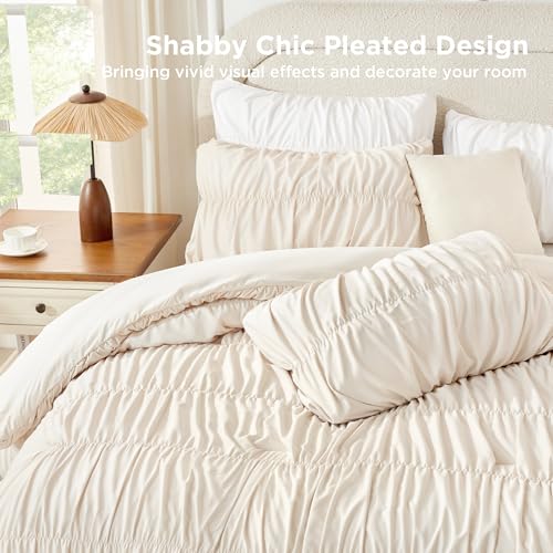 Andency Ruched Beige Queen Comforter Set, Shabby Chic Pleated Bedding Sets 3 Pieces, Lightweight Soft Boho Ruffle Bed Set for Girls, Kids, Women, All Season Andency