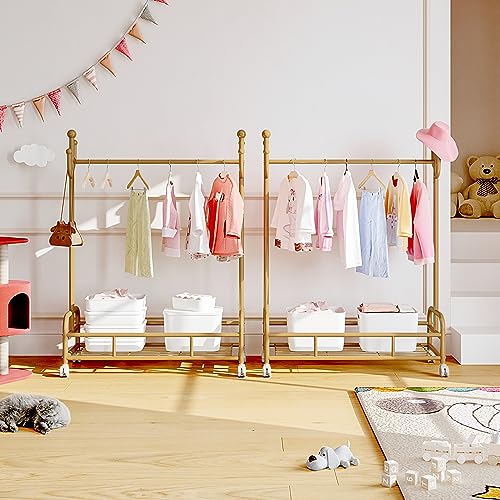 Bestier Kids Dress Up Rack, Adjustable Rack Height for Kids Clothes Rack, Bottom Storage Shelf with Wheels, Metal Dress Up Rack for Kids, Toddler, Children, Girls, Boys, Gold Bestier