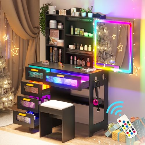 WOOVIVS Vanity Desk with Lights and Sliding Vanity Mirror, Makeup Vanity Desk with Charging Station, Vanities Dressing Table with Stool, LED Vanity Set with Large Drawers&Shelves for Bedroom, Black WOOVIVS