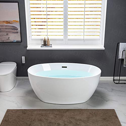 WOODBRIDGE 55" Acrylic Freestanding Bathtub Contemporary Soaking White Tub with Matte Black Overflow and Drain,B1418 -MB-Drain &O WOODBRIDGE