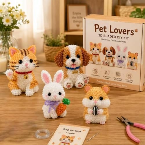 Wmool Tiny 3D Beaded Animal DIY Kit, Easy DIY Beading Embroidery Kit with 4 Cute Designs, 3D Animal Themed Beadwork Kit for Beginners & Craft Enthusiasts, with Instructions