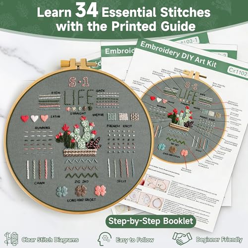 Bofoho 4 Pack Starter Embroidery Kit for Beginners – All-in-One Stitch Practice Kit with Simple Patterns, Learn 34 Embroidery Stitches with Step-by-Step Guide & Video, Craft Gift Adults & Teens