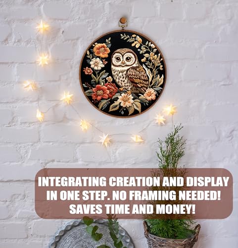 GOLDEN SMILE Embroidery Kit for Beginners Adults - 2-in-1 Frame & Display Hoop (8.2"/21cm), Water-Soluble Pattern, Full Reusable Tools for Easy Start | Owl Floral Art