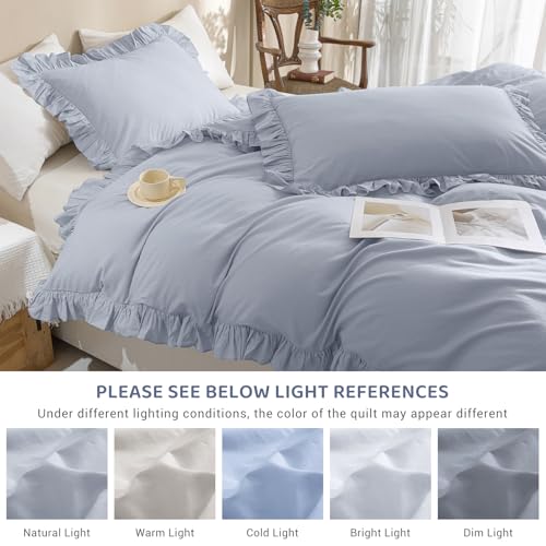 Sanracie Ruffled Bedding Comforter Sets King Size, Cotton Comforters Set 3Pcs for All Season Cornflower Blue Shabby Boho Chic Bedding French Country Farmhouse Rustic Aesthetic Bedroom Sets Sanracie