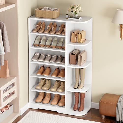 YATINEY Tall Shoe Cabinet with Open Storage, Multifunctional Shoe Rack, 7-Tier Wooden Shoe Storage Cabinet with Adjustable Shelves, Entryway Shoe Organizer for Closet, Hallway, White SC02WT YATINEY