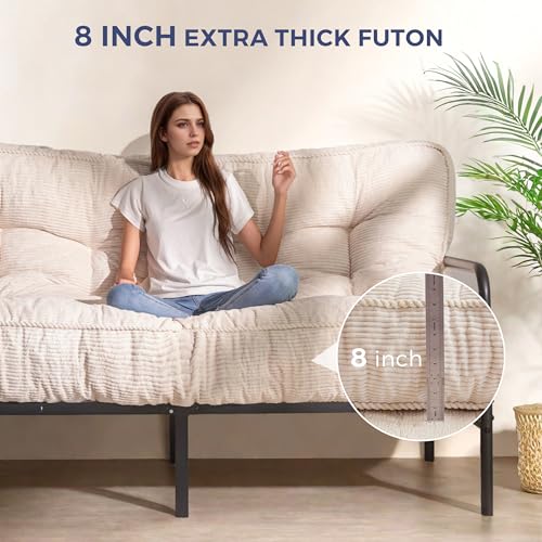MAXYOYO 8" Futon Mattress Full Size, Ultra Thick Futons Sofa Couch Bed Tufted Sleeper Sofa Bed, Floor Mattress for Adults, Shredded Foam Filling (Frame Not Included), Beige MAXYOYO