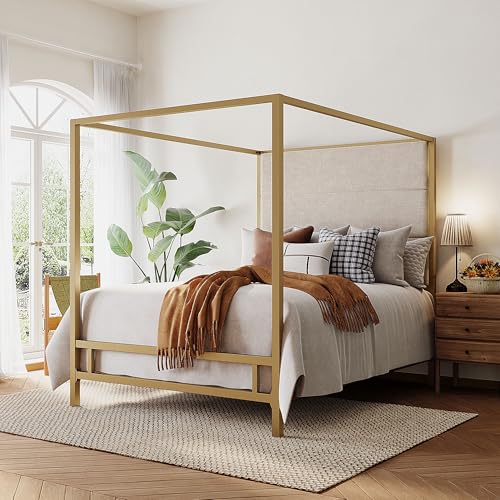 Merax Queen Size Gold Metal Canopy Bed Frame, 76.5" Tall Linen Upholstered Headboard, 4-Poster Bed with 800 lbs Capacity, Box Spring Required for Bedroom, Gold+Tan