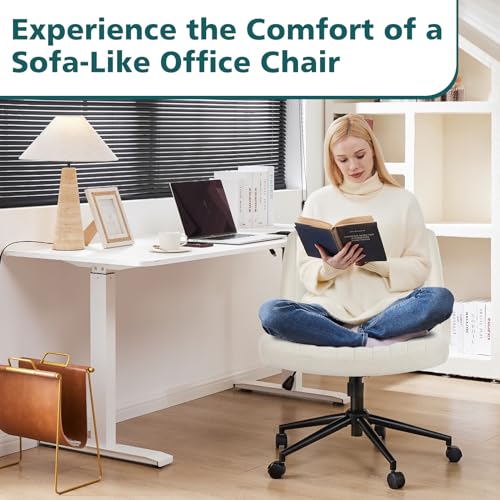 OLIXIS Criss Cross Chair with Wheels Wide Cross Legged Office Desk Vanity Chair Comfy Fabric Armless Adjustable Swivel for Home Computer Task Fabric Beige OLIXIS
