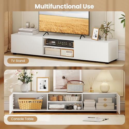 Tangkula Modern TV Stand for up to 70” TVs, 63”L Minimalist Entertainment Center w/ 2 Doors & Open Shelves, Media Console Table Storage Cabinet with 6 Support Feet for Living Room (White, 63”L) Tangkula