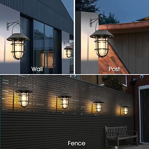 Upgrade Solar Outdoor Lights, Hanging Solar Lantern, Waterproof Solar Lights with Wall Mount Kit for Garden Patio Porch Fence Decor 2 Pack Derynome