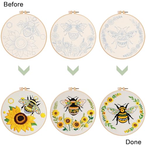 Nuberlic 3 Pack Embroidery Kit for Beginner Adults, Cross Stitch Set with Cute Bee Patterns, Includes Cloth, Hoops, Threads, Needles, Instructions