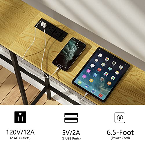 SONGXIN 63 Inch Console Table with Power Outlet,Modern Narrow Long Sofa Table Behind Couch,Skinny Entry Table with Black Metal Frame for Entryway,Living Room, Hallway,3D Oak SONGXIN