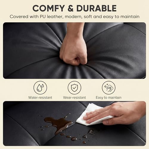 YESHOMY Modern Futon Sofa Bed, Convertible Futon Couch with Adjustable Backrest, Futon Loveseat Sleeper Sofa Bed with Armrest for Living Room, Small Spaces,PU Leather, Black YESHOMY