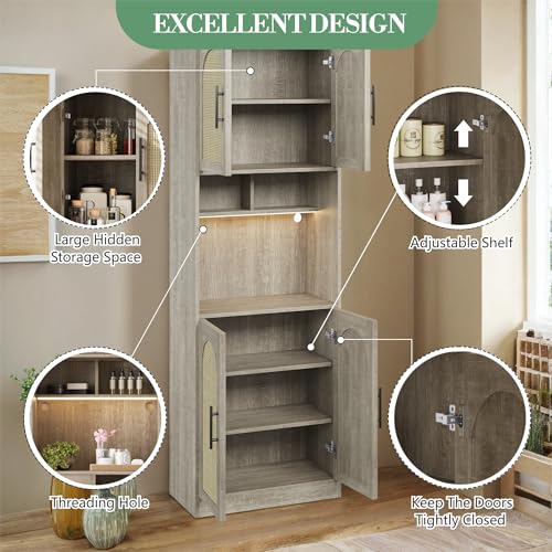 71" Tall Kitchen Pantry Storage Cabinet with Microwave Shelf and LED Light, Hutch Cabinet with Doors and Adjustable Shelves, Freestanding Cupboard for Dining Room, Living Room, Bathroom, Oak GarveeHome